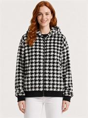 Kadın Kazayağı Desenli Kapüşonlu Fermuarlı Sweatshirt Ceket